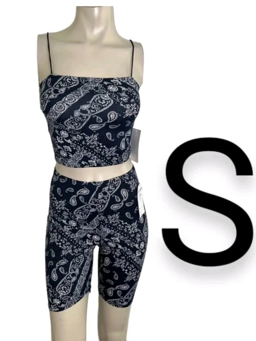 🆕Navy Blue Bandana Print Cami Biker Shorts Set~ Size S